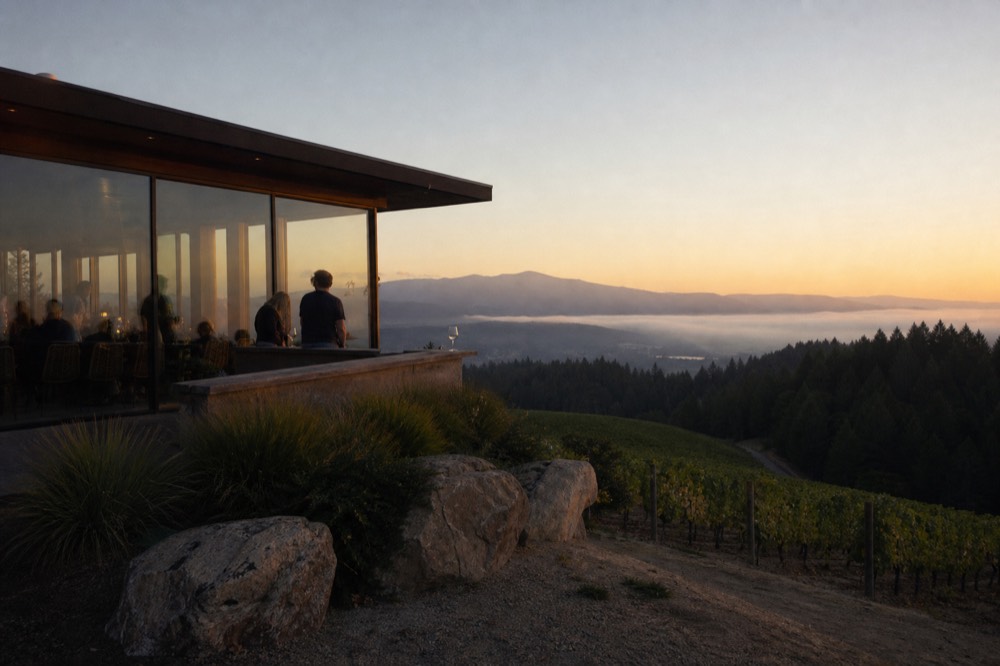 A hilltop tasting pavilion overlooking vineyards and forest near Healdsburg, no text, no logos, no people