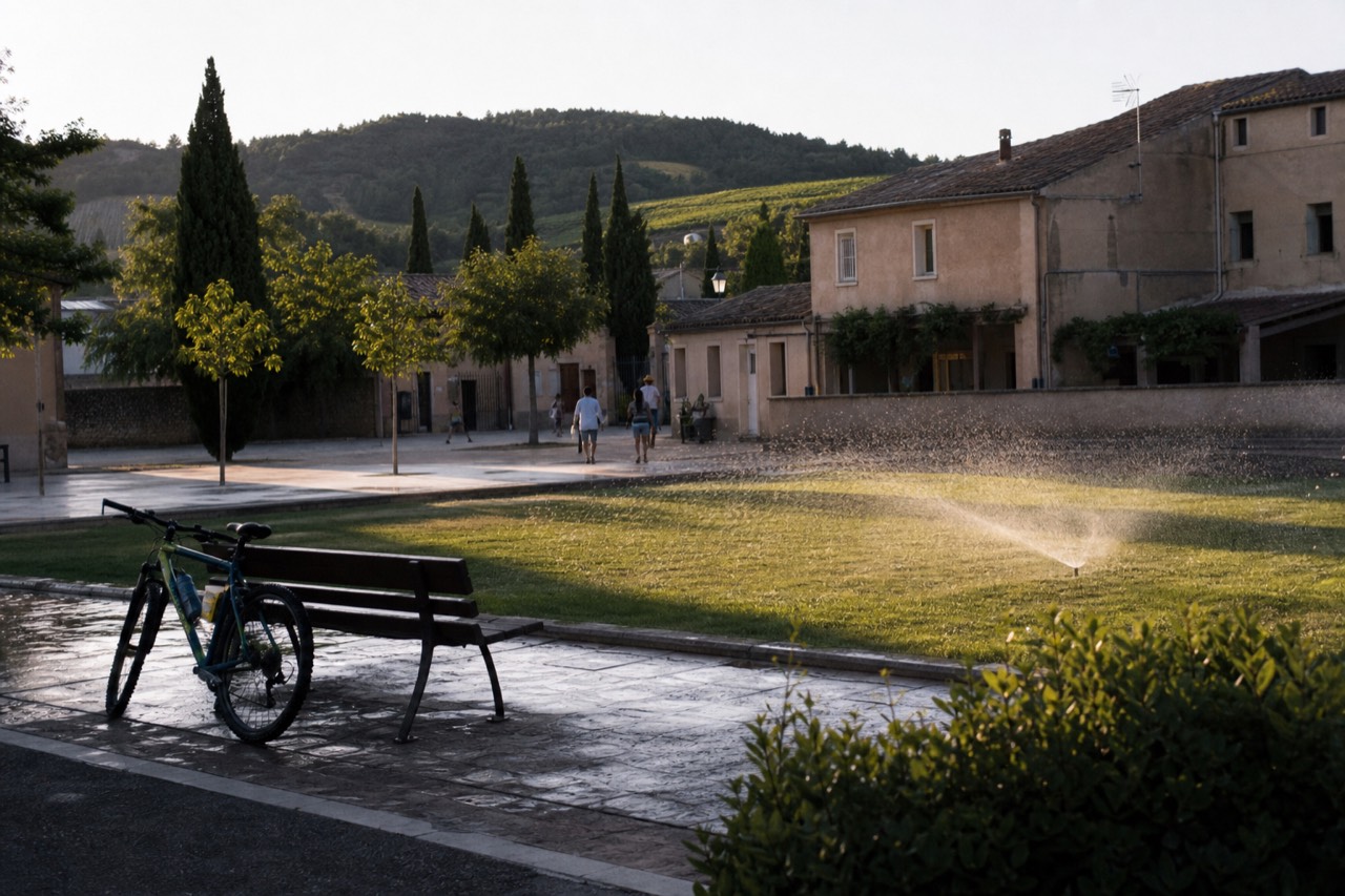 A small-town plaza ringed by low buildings and vineyard hills, no text, no logos, no people