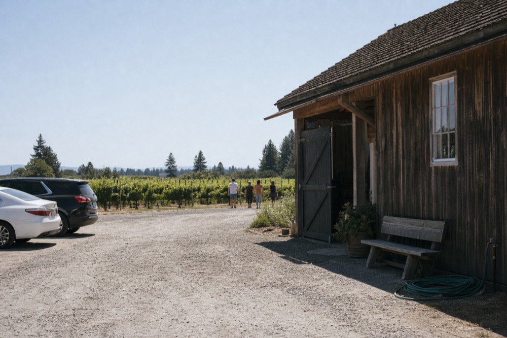 A small barn-style tasting room tucked among vineyards in rural Sonoma County, no text, no logos, no people