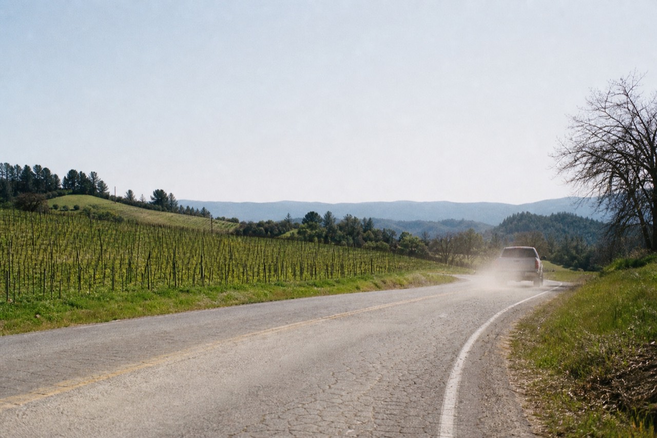 Two-lane road winding between vineyards under a wide sky, no text, no logos, no people.