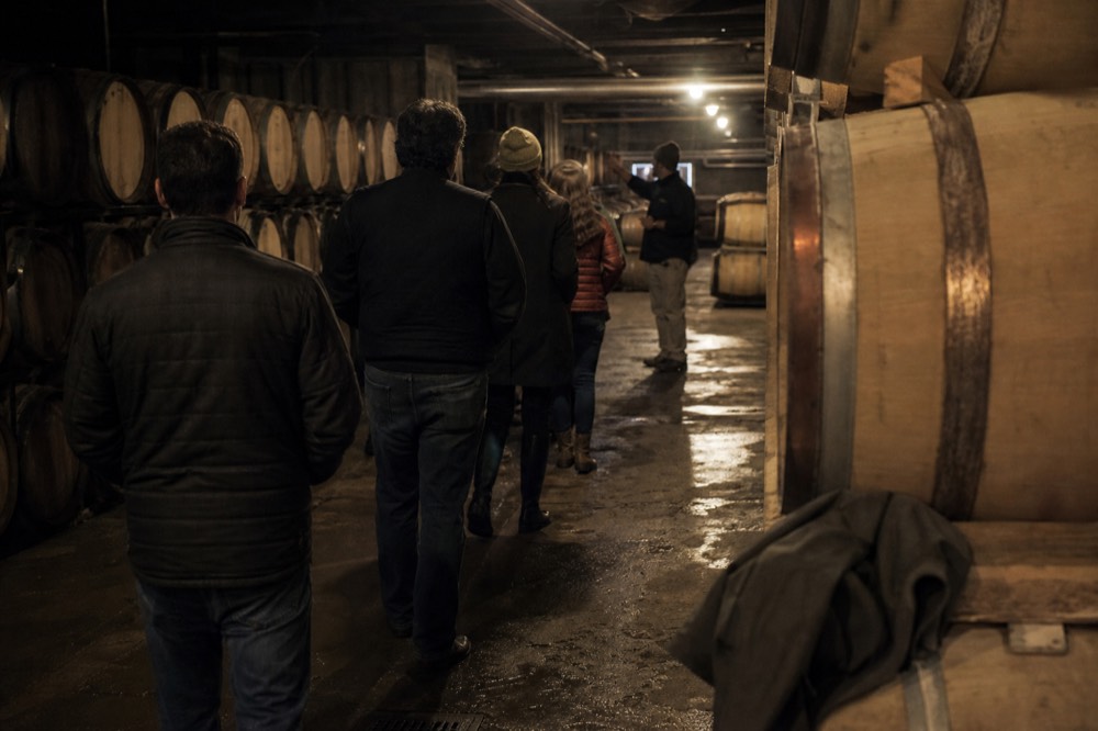 A guide leading a small group into a winery barrel room, no text, no logos, no people