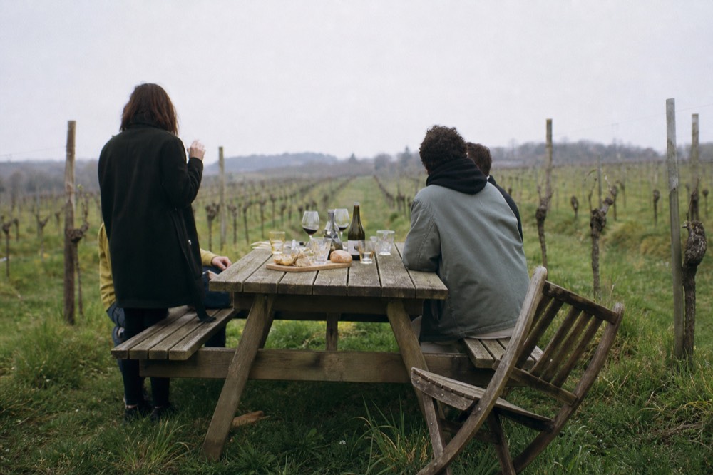 A small group wine tasting at a vineyard picnic table, no text, no logos, no people