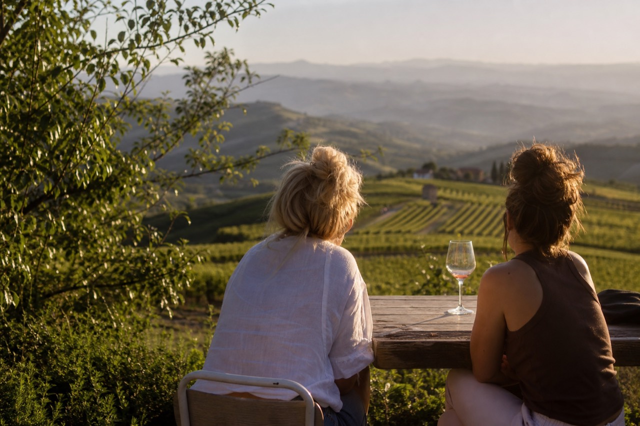 Two women tasting wine at an outdoor table overlooking Sonoma vineyards, no text, no logos, no people