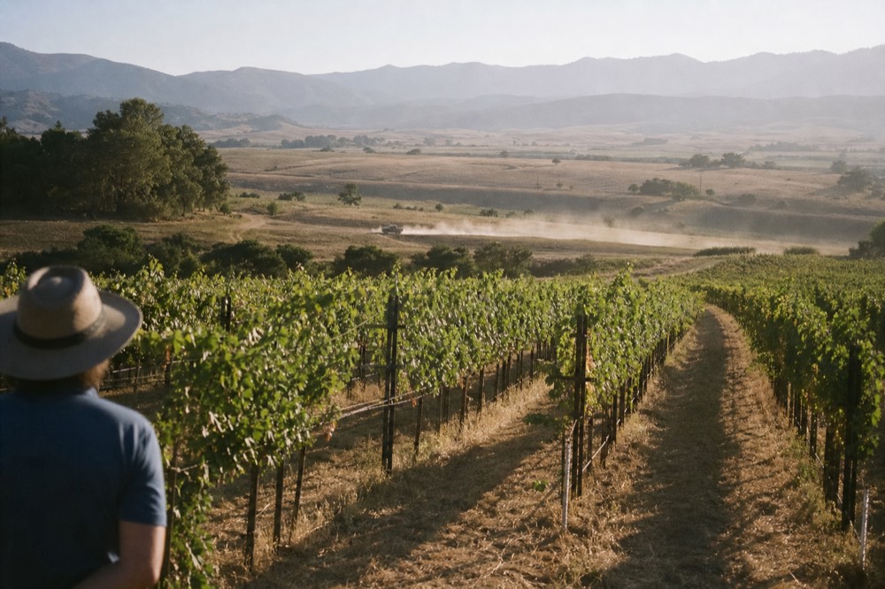 Rolling vineyard rows across a wide Sonoma County valley, no text, no logos, no people.