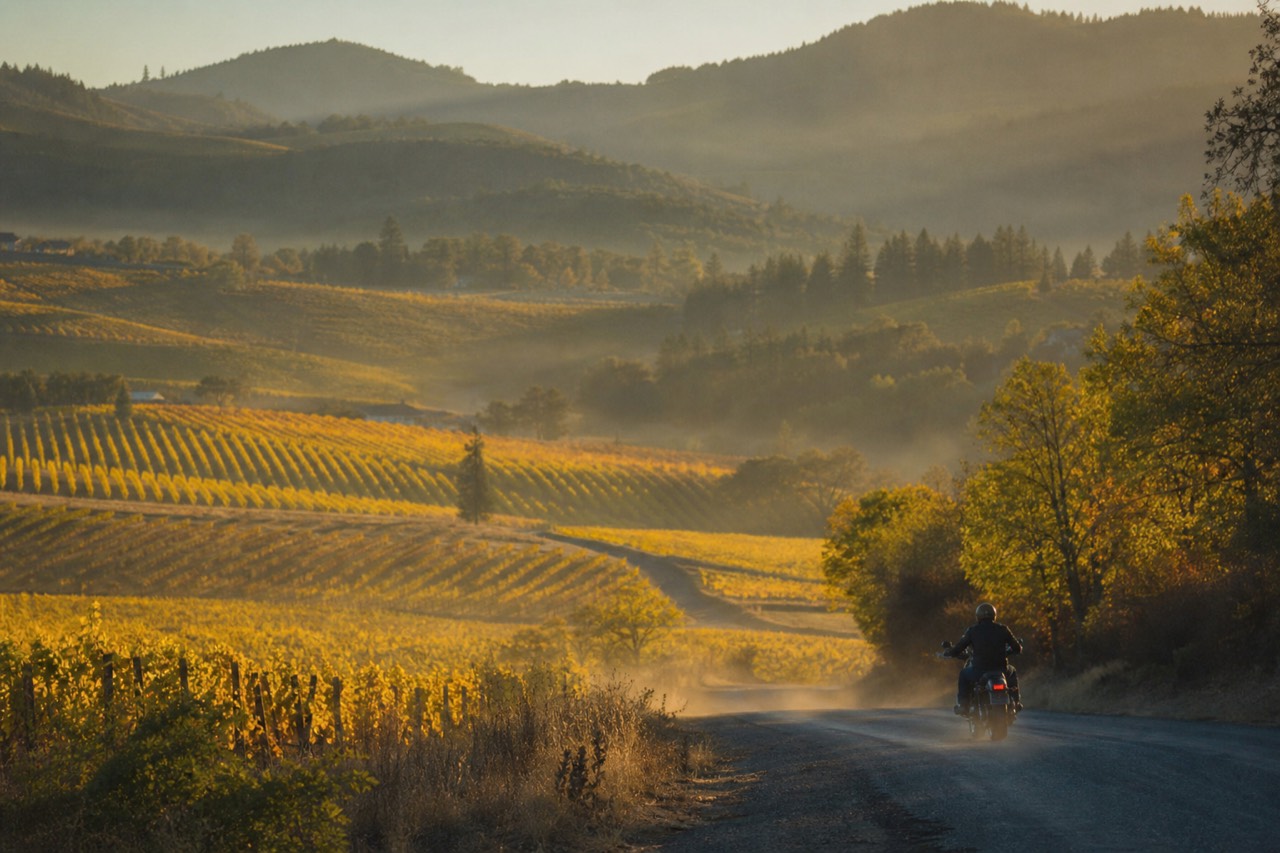Vineyard hills and a country road in Sonoma County at golden hour, no text, no logos, no people.