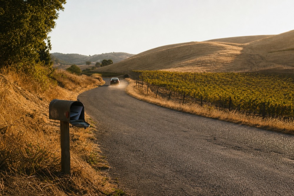 Country road winding between Napa and Sonoma wine country hills, no text, no logos, no people