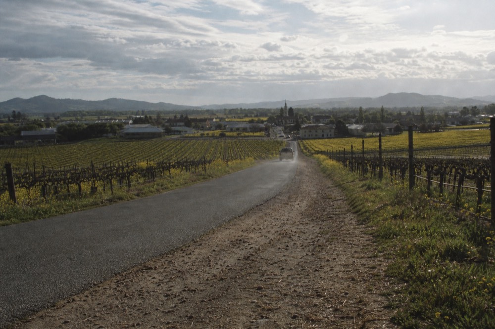 Vineyard-lined road rolling toward a small town plaza, no text, no logos, no people