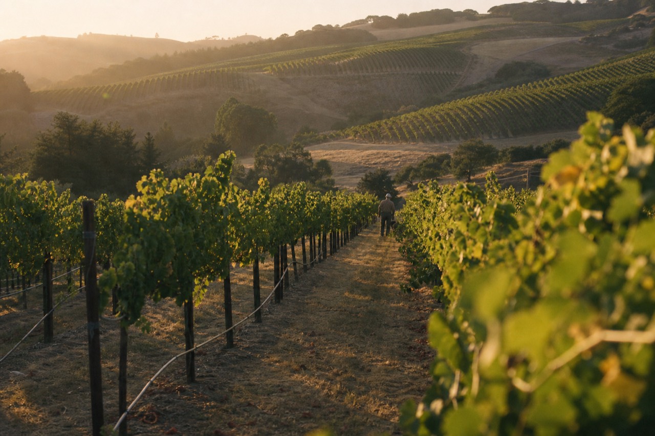 Vineyard hills at golden hour with rolling rows of vines, no text, no logos, no people
