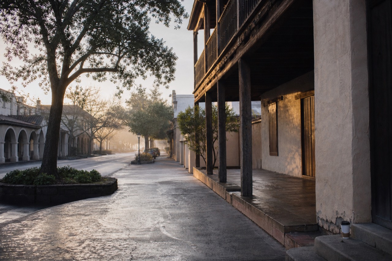 A quiet street view of Sonoma Plaza with historic buildings, no text, no logos, no people