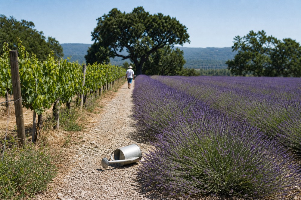 Lavender rows and vineyard rows in a Dry Creek Valley garden near Healdsburg, no text, no logos, no people