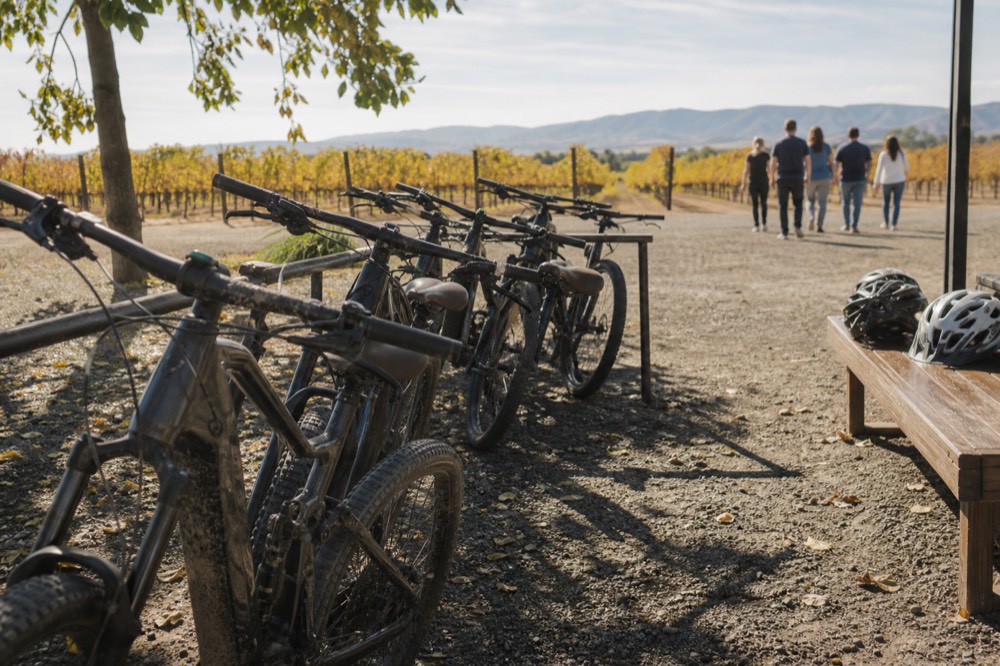 Electric bicycles parked outside a Dry Creek Valley winery, no text, no logos, no people