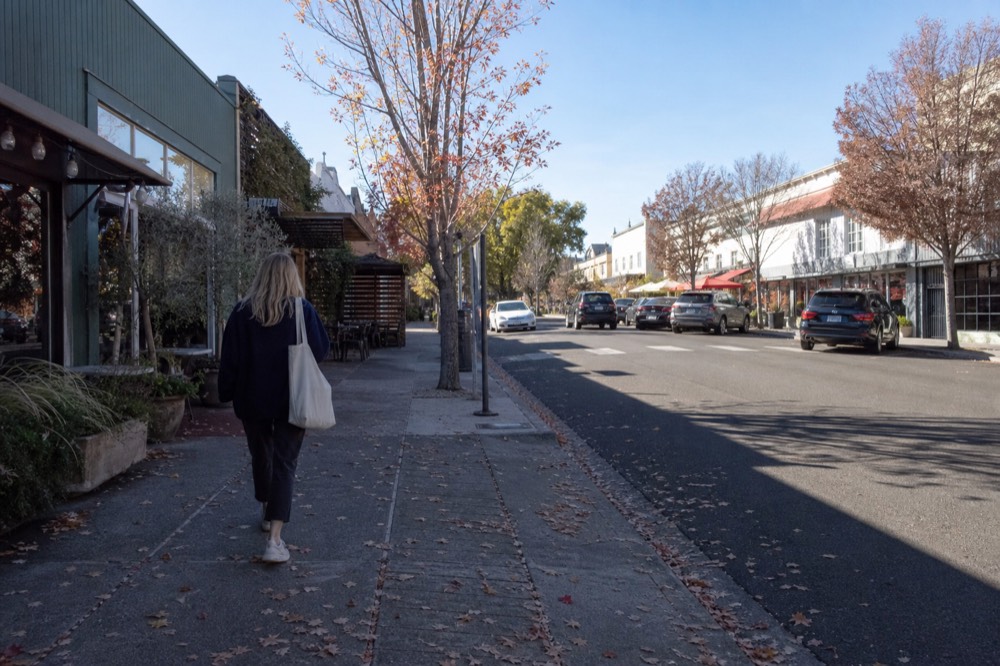 Healdsburg plaza surrounded by shops and tasting rooms, no text, no logos, no people