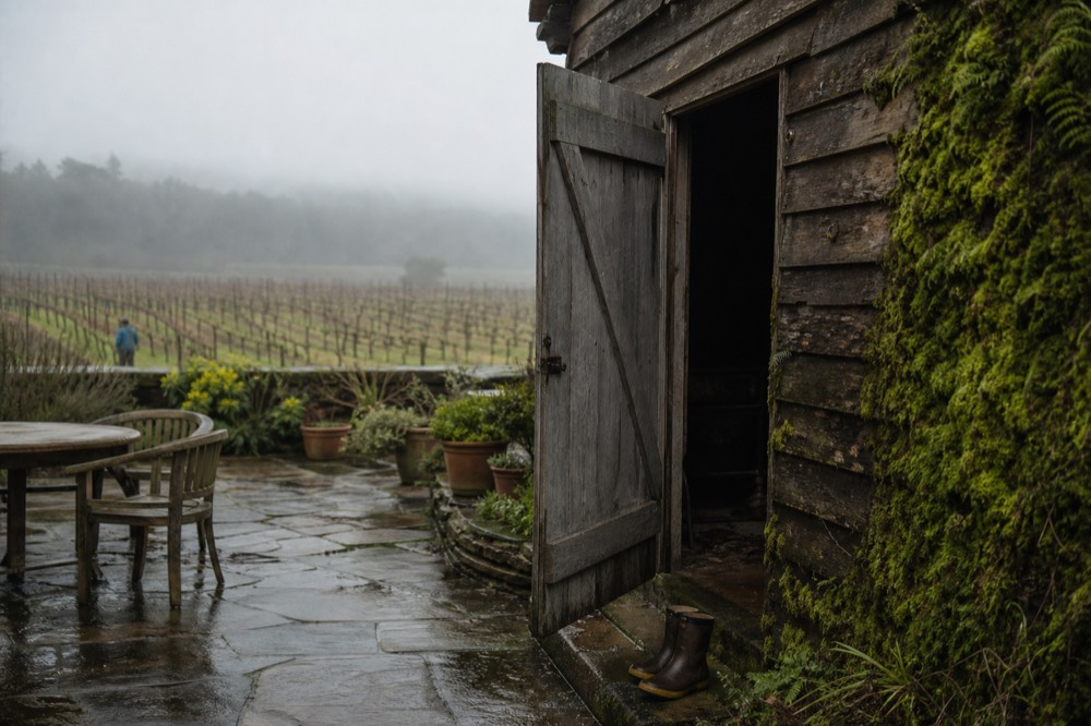 A small rustic winery barn door open to a garden patio, no text, no logos, no people