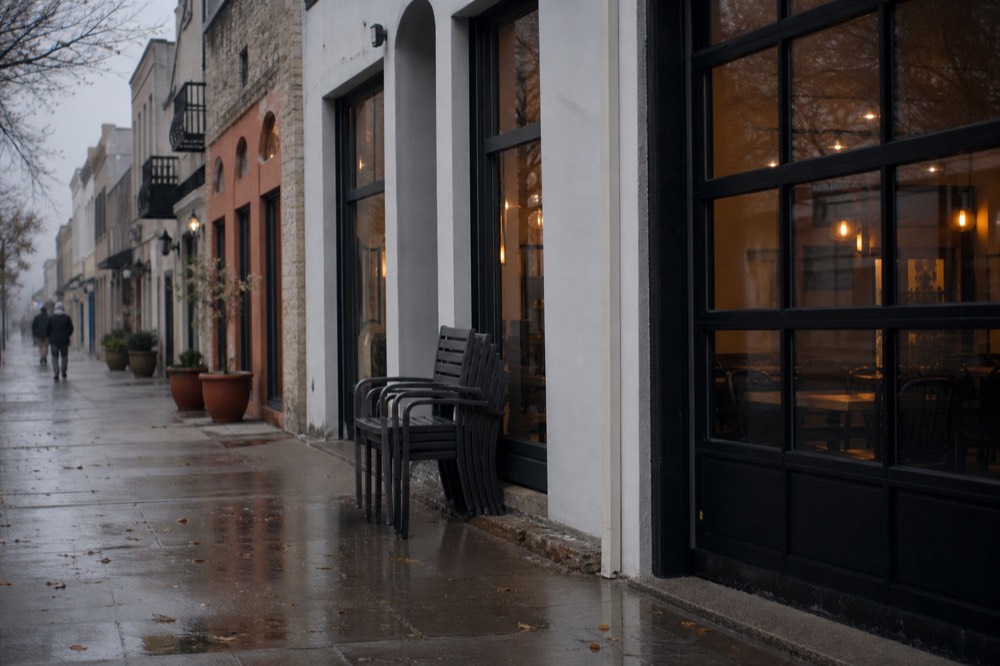 Quiet Plaza storefront tasting room facades on a weekday morning, no text, no logos, no people