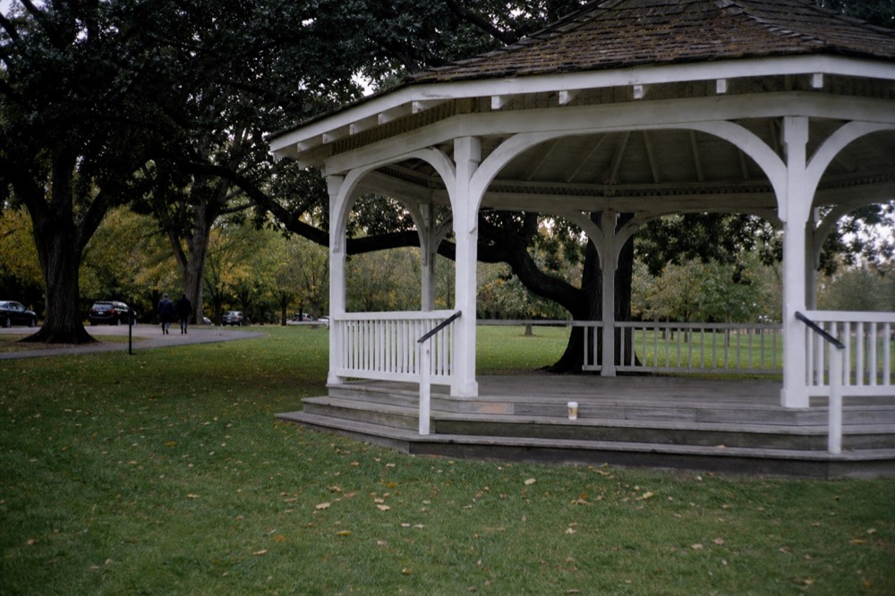 Historic Sonoma Plaza bandstand and green lawn under mature trees, no text, no logos, no people