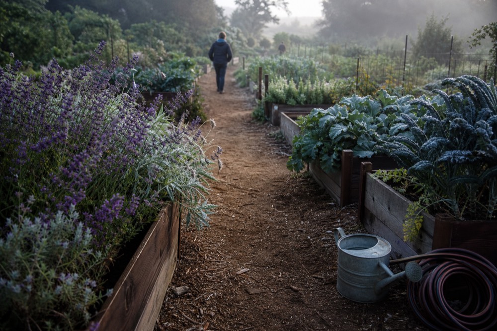 Garden path through raised beds and flowering shrubs at a community garden, no text, no logos, no people