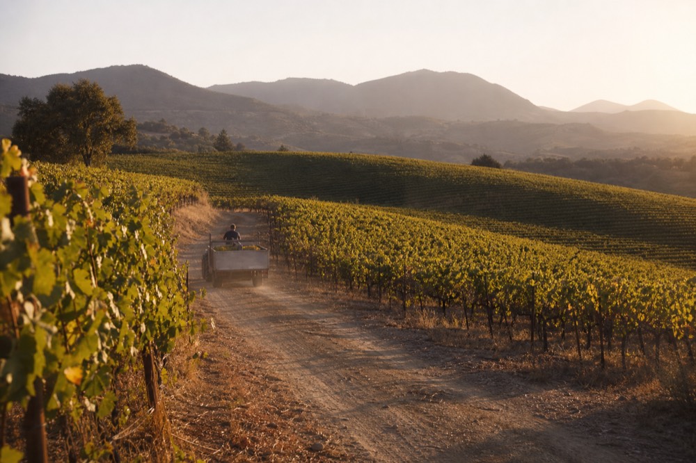 Vineyard rows on rolling hills with mountains in the distance, no text, no logos, no people