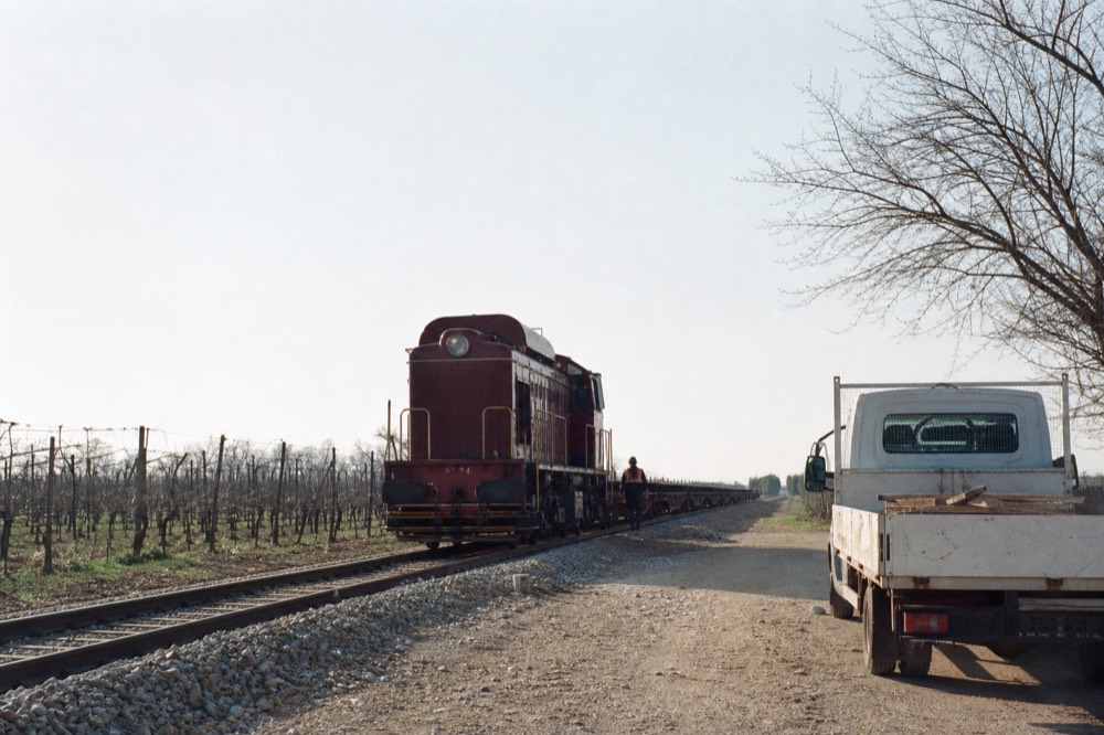 Napa Valley Wine Train locomotive on tracks, no text, no logos, no people