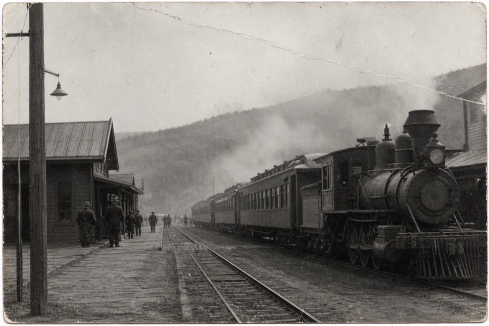 Vintage black and white photo of early Sonoma County railroad, no text, no logos, no people