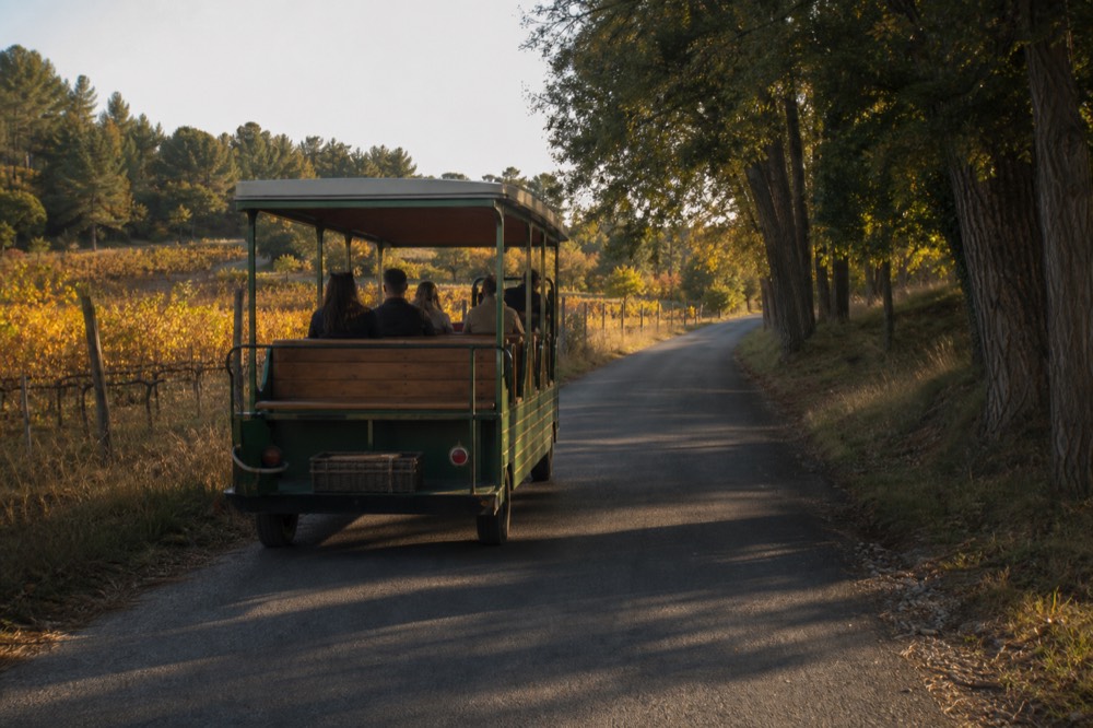 Sonoma Valley Wine Trolley replica cable car on a country road, no text, no logos, no people