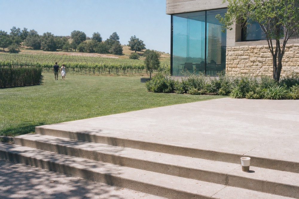 A modern winery building with a vineyard backdrop, no text, no logos, no people
