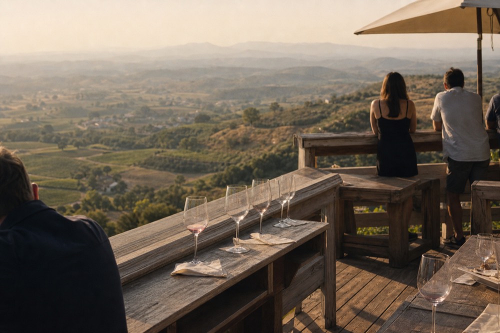 A mountaintop tasting platform overlooking vineyards at Kunde Family Winery, no text, no logos, no people