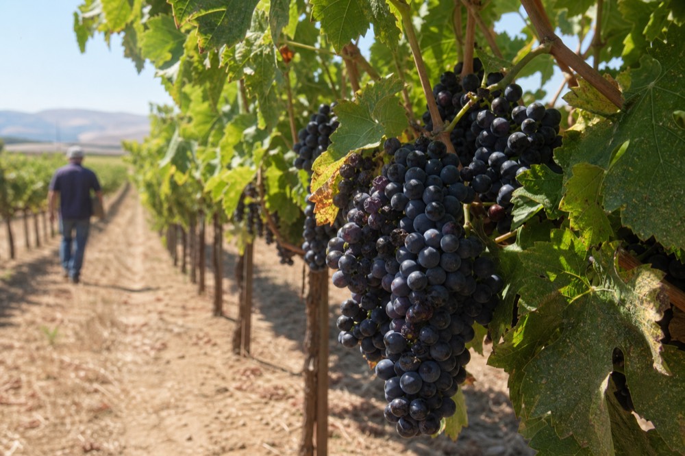 Close-up of dark wine grapes on the vine before harvest, no text, no logos, no people