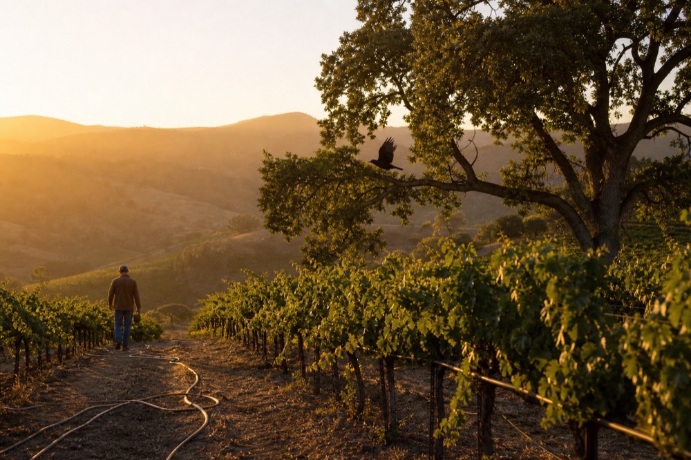 Golden evening light across rolling vineyard hills with a lone oak tree, no text, no logos, no people