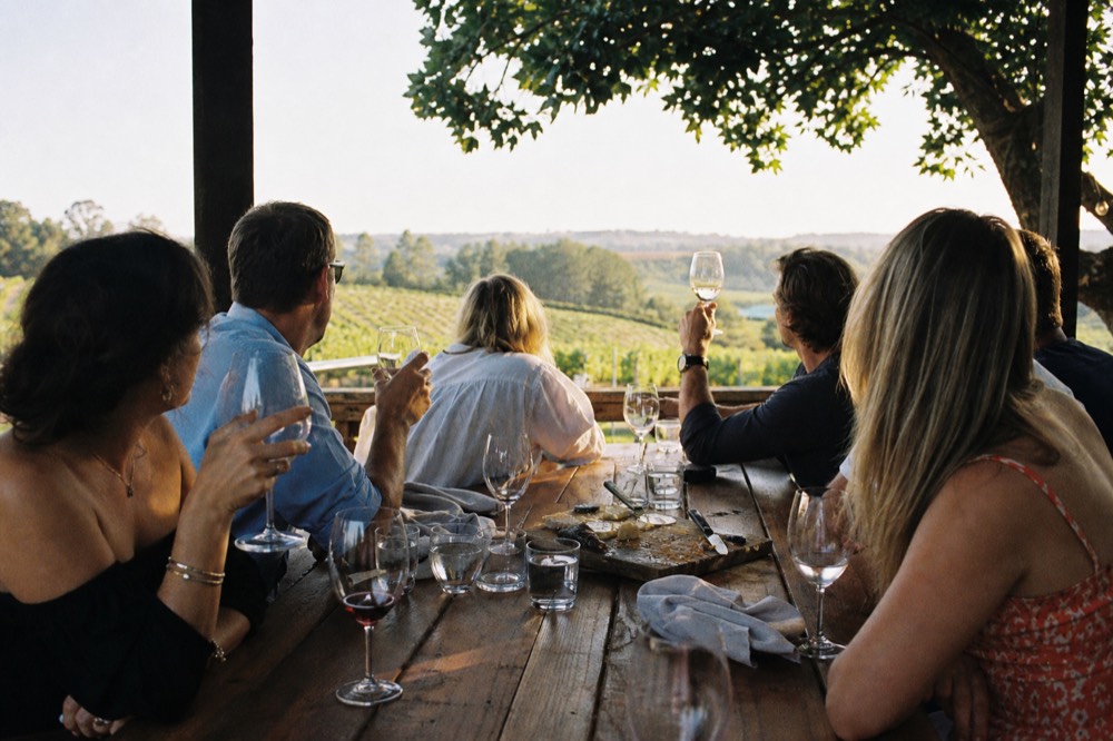 A small group of wine tour guests seated at a tasting table overlooking a vineyard, no text, no logos, no people
