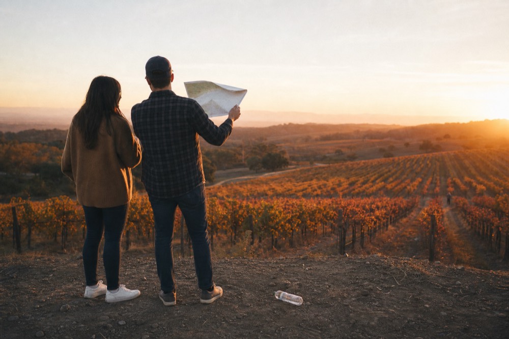 A couple looking at a map while standing next to a Sonoma vineyard, no text, no logos, no people