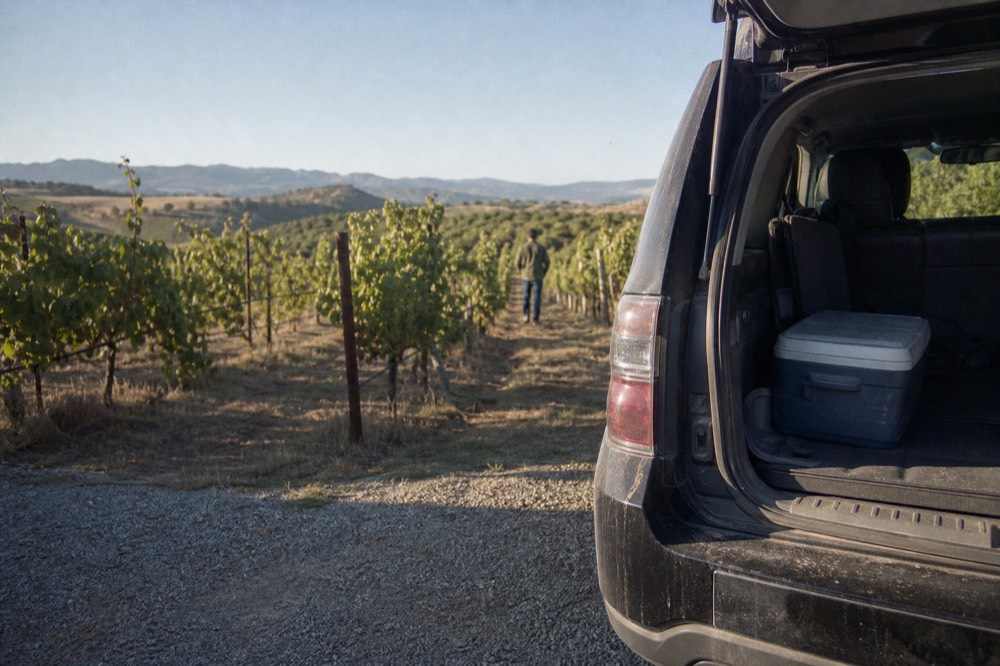 An open door of a black SUV facing rows of vineyard in Dry Creek Valley, no text, no logos, no people.