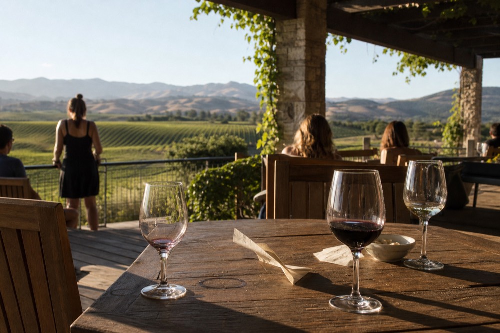 A small group's private tasting set on a winery terrace overlooking Sonoma hills, no text, no logos, no people.