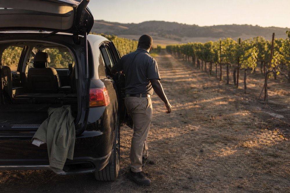 A driver-guide closing the rear door of an SUV as evening light hits Sonoma vineyards, no text, no logos, no people.