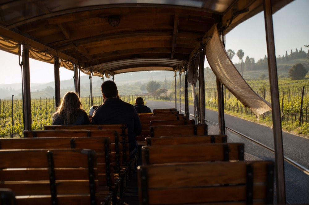 An open-air wooden trolley rolling down a vineyard-lined street, no text, no logos, no people.