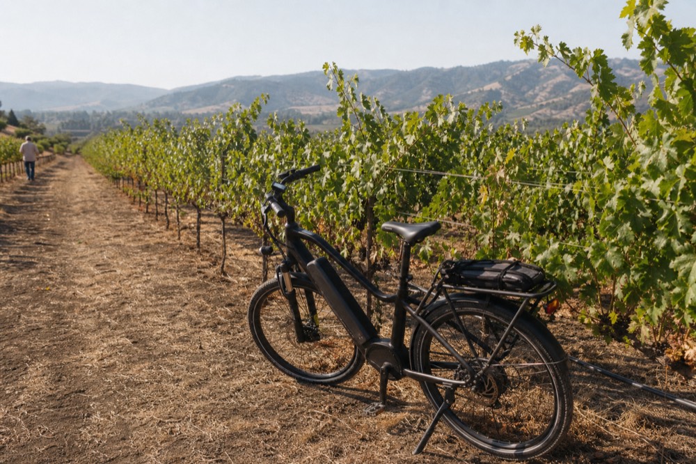 E-bike parked beside a vineyard row in Sonoma County, no text, no logos, no people