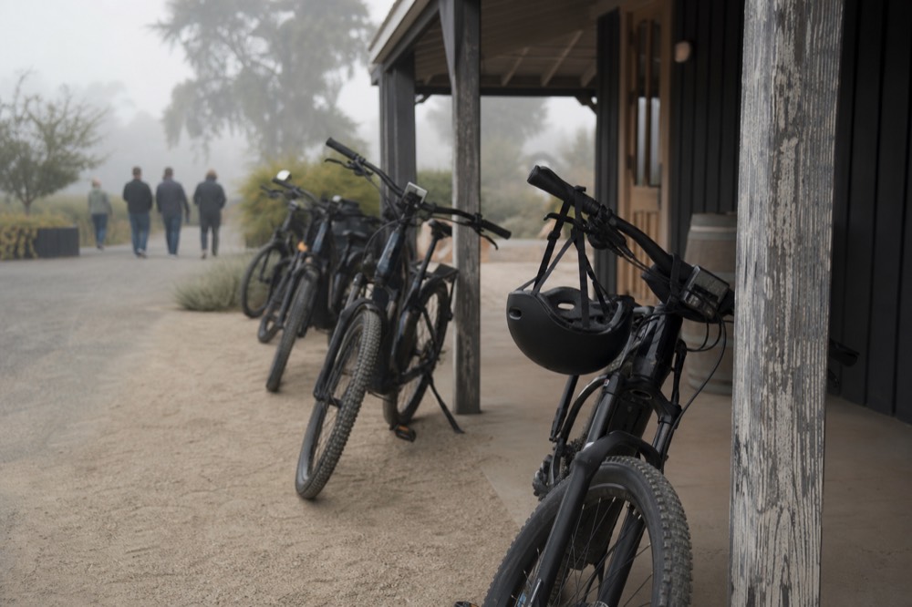 Group of e-bikes lined up outside a Sonoma County tasting room, no text, no logos, no people