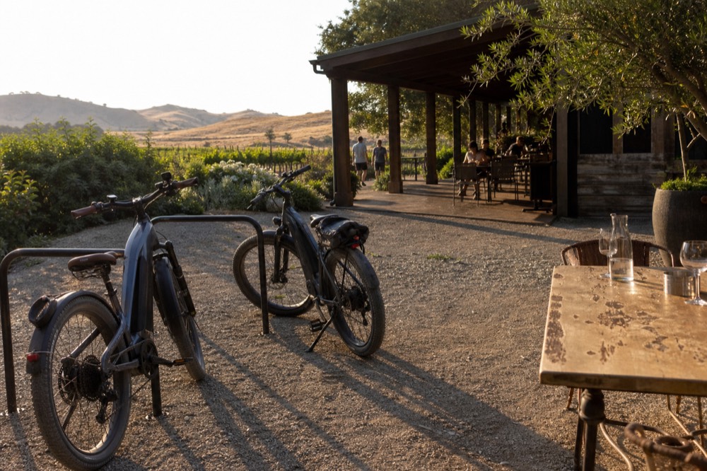 Two e-bikes parked at a Dry Creek Valley winery, Healdsburg area, no text, no logos, no people