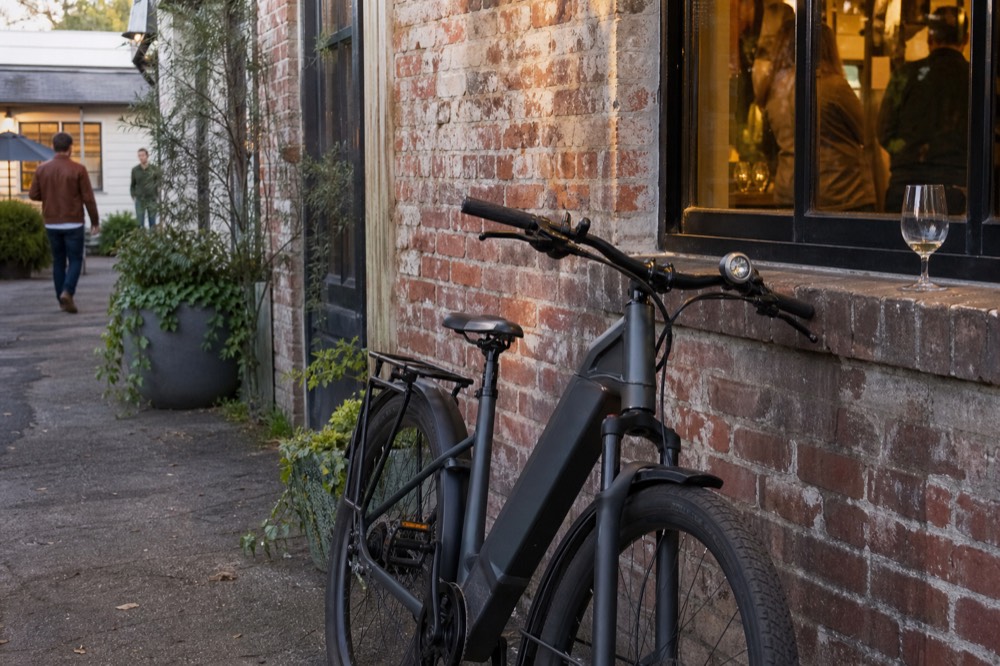 E-bike parked outside a boutique Healdsburg tasting room, no text, no logos, no people