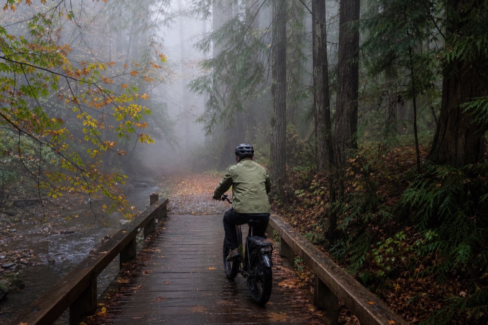 E-bike on a bridge over a creek in Sonoma County wine country, no text, no logos, no people