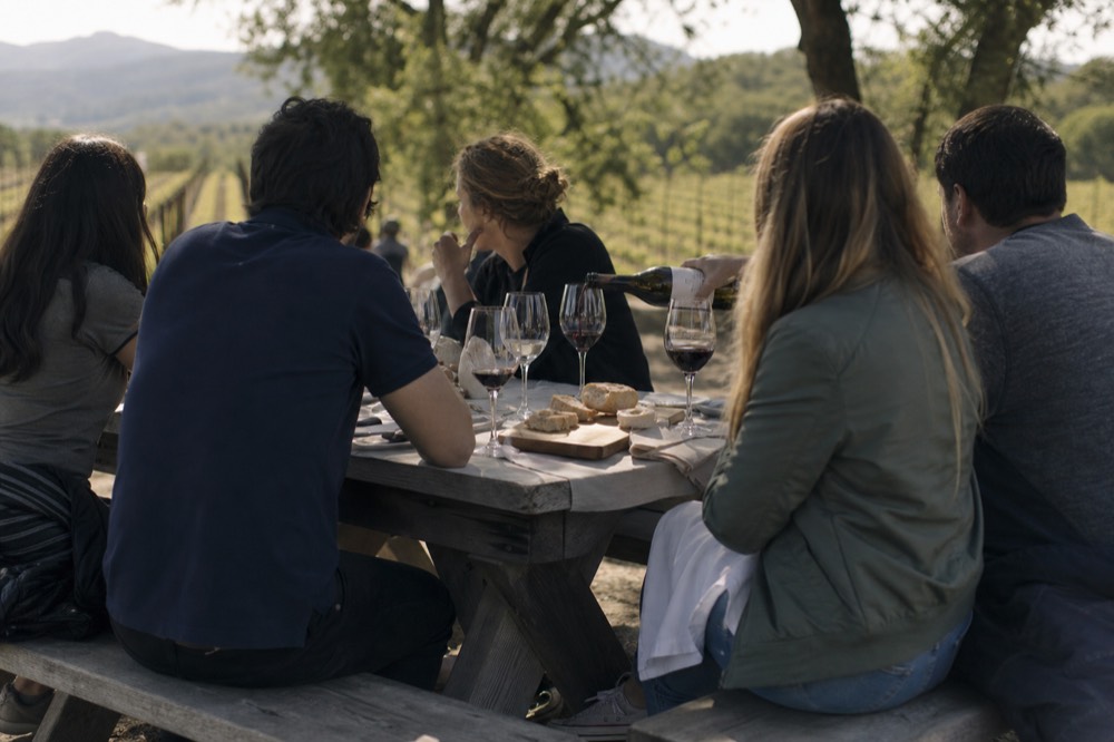 Small group tasting wine at a vineyard picnic table, no text, no logos, no people