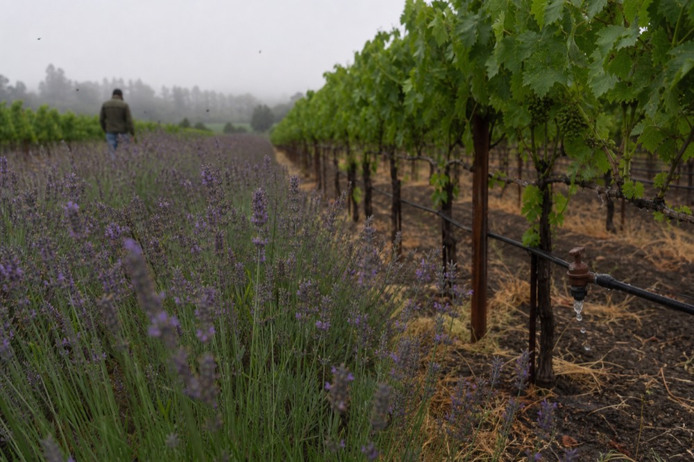 Lavender fields beside a vineyard, no text, no logos, no people