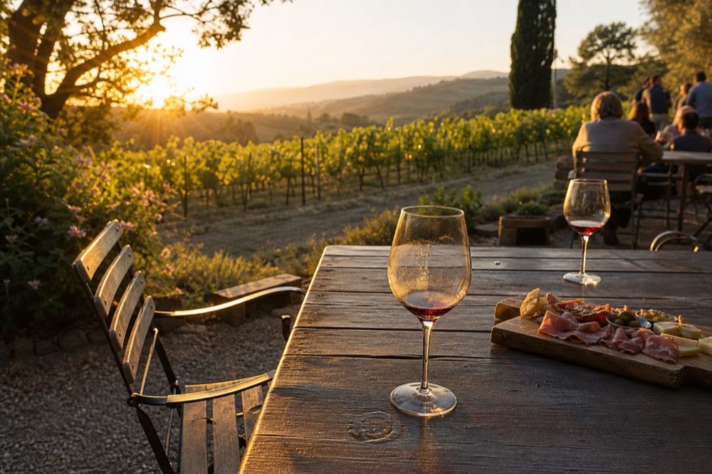 Wine glasses and a charcuterie board on a terrace overlooking vines, no text, no logos, no people