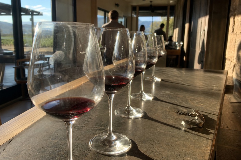 Flight of red wine glasses lined up on a tasting room counter, no text, no logos, no people