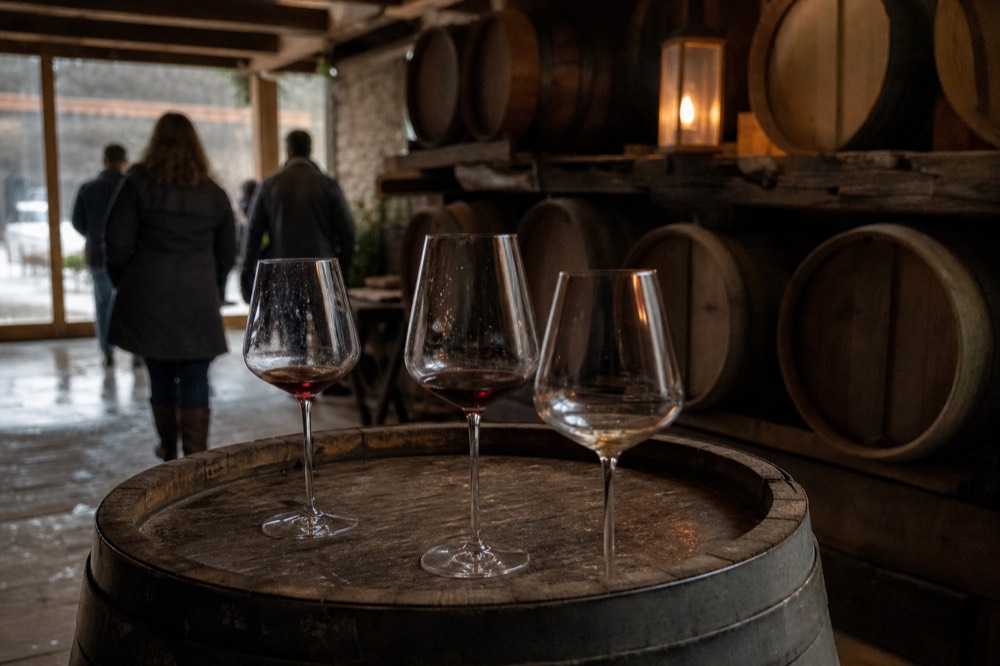 Small group of wine glasses on a barrel top inside a rustic winery, no text, no logos, no people