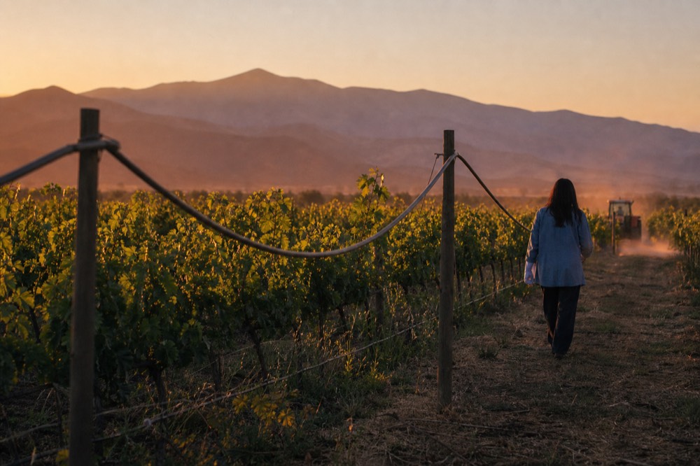 Golden hour vineyard rows with hills behind, no text, no logos, no people