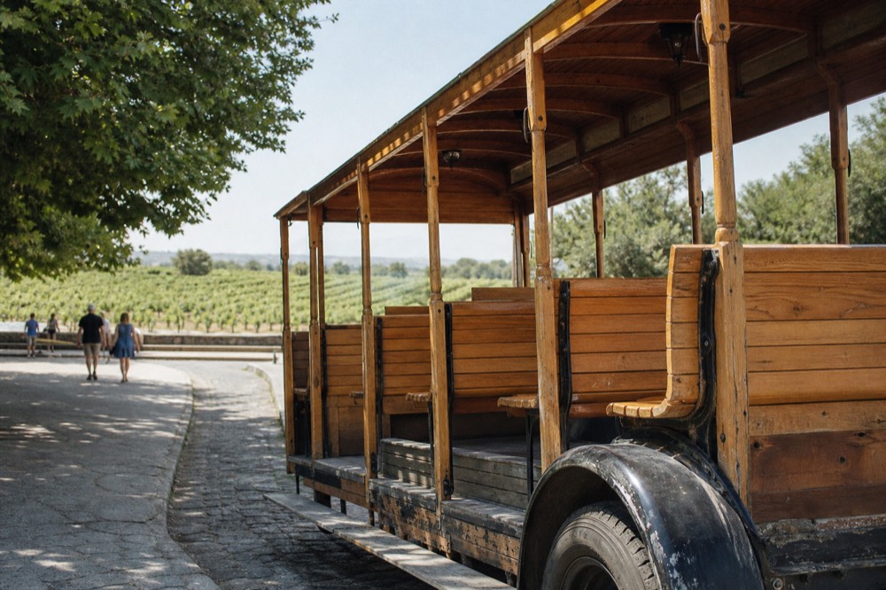 Open-air wooden trolley car parked beside vineyard landscape, no text, no logos, no people
