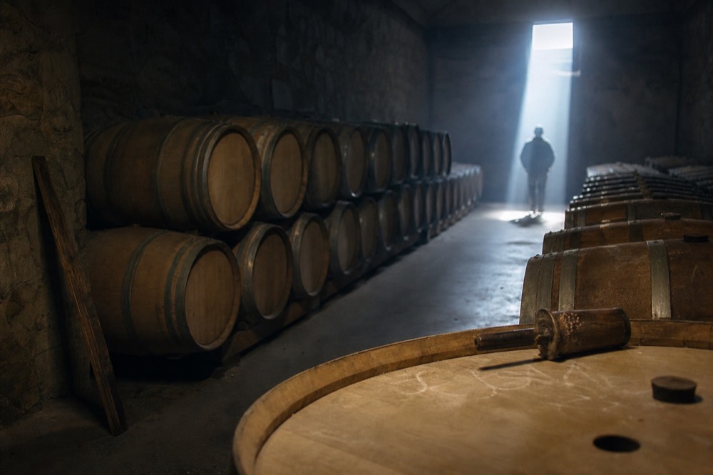 Barrel room interior with rows of oak barrels, no text, no logos, no people